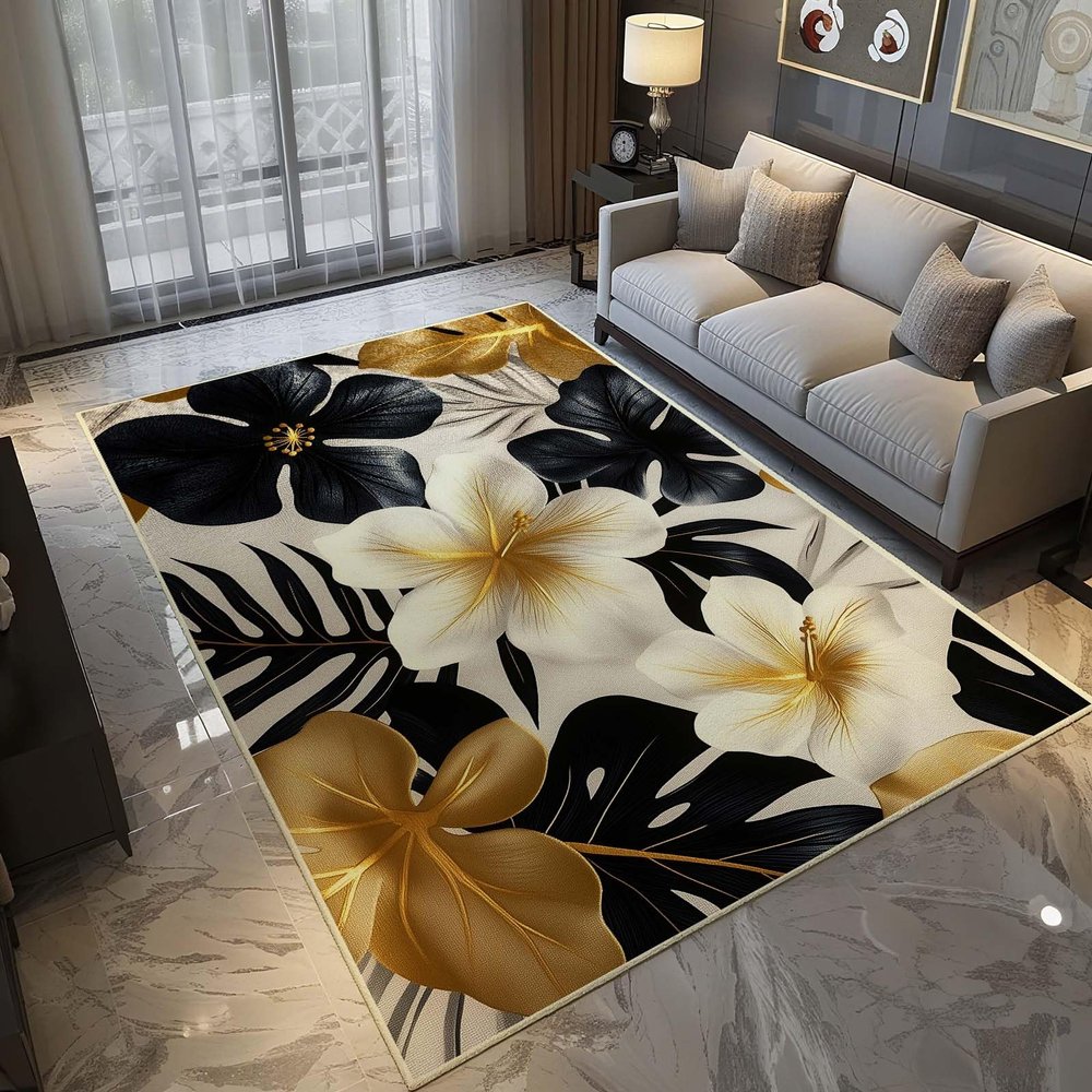 10x17 Tropical Floral Leave Area Rug, Luxury Botanical Palm Leaf Rug, Hibiscus & Monstera Rugs, Leaf Area Rugs, Washable Gold and Black Tropical Plant Carpet for Living Room