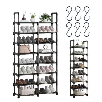 2 Row/2-8 Tier Shoe Rack, Black Metal Stackable Shoe Shelf with 6 Hooks, Space Saving Storage Organizer for Entryway Hallway, Large Capacity Shoes Stand Holder(110 cm/43.31 in(2 Row/6 Tier))