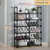 2 Row/2-8 Tier Shoe Rack, Black Metal Stackable Shoe Shelf with 6 Hooks, Space Saving Storage Organizer for Entryway Hallway, Large Capacity Shoes Stand Holder(110 cm/43.31 in(2 Row/6 Tier)) view 3