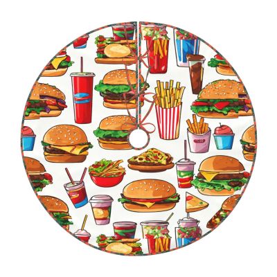 Fast Food Print Round Christmas Tree Skirt,Fun Country Farmhouse,Christmas Party Christmas Tree Decoration