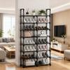 2 Row/2-8 Tier Shoe Rack, Black Metal Stackable Shoe Shelf with 6 Hooks, Space Saving Storage Organizer for Entryway Hallway, Large Capacity Shoes Stand Holder(145 cm/57.1 in(1 Row/8 Tier)) view 3