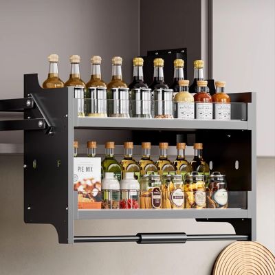 2-Tier Pull Down Shelf for Kitchen Upper Cabinet Adjustable, Heavy Duty Wall Mounted Sliding Under Shelf, Ideal Spice and Dishes Pull Out Cabinet Storage Shelf (22)