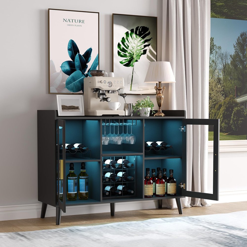 Garvee Modern Wine Bar Cabinet with LED Light, Wood Kitchen Coffee Bar Home Liquor Cabinets with Glass Holder, Doors and Wine Racks Buffet Sideboard with Storage for Living Room