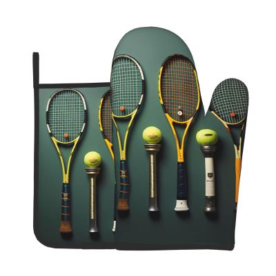 Tennis Balls and Rackets Kitchen Baking Set, Oven Mitts and potholders Set, Heat Resistant Kitchen Cooking Gloves