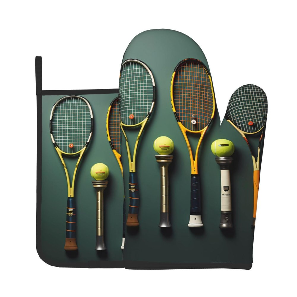 Tennis Balls and Rackets Kitchen Baking Set, Oven Mitts and potholders Set, Heat Resistant Kitchen Cooking Gloves