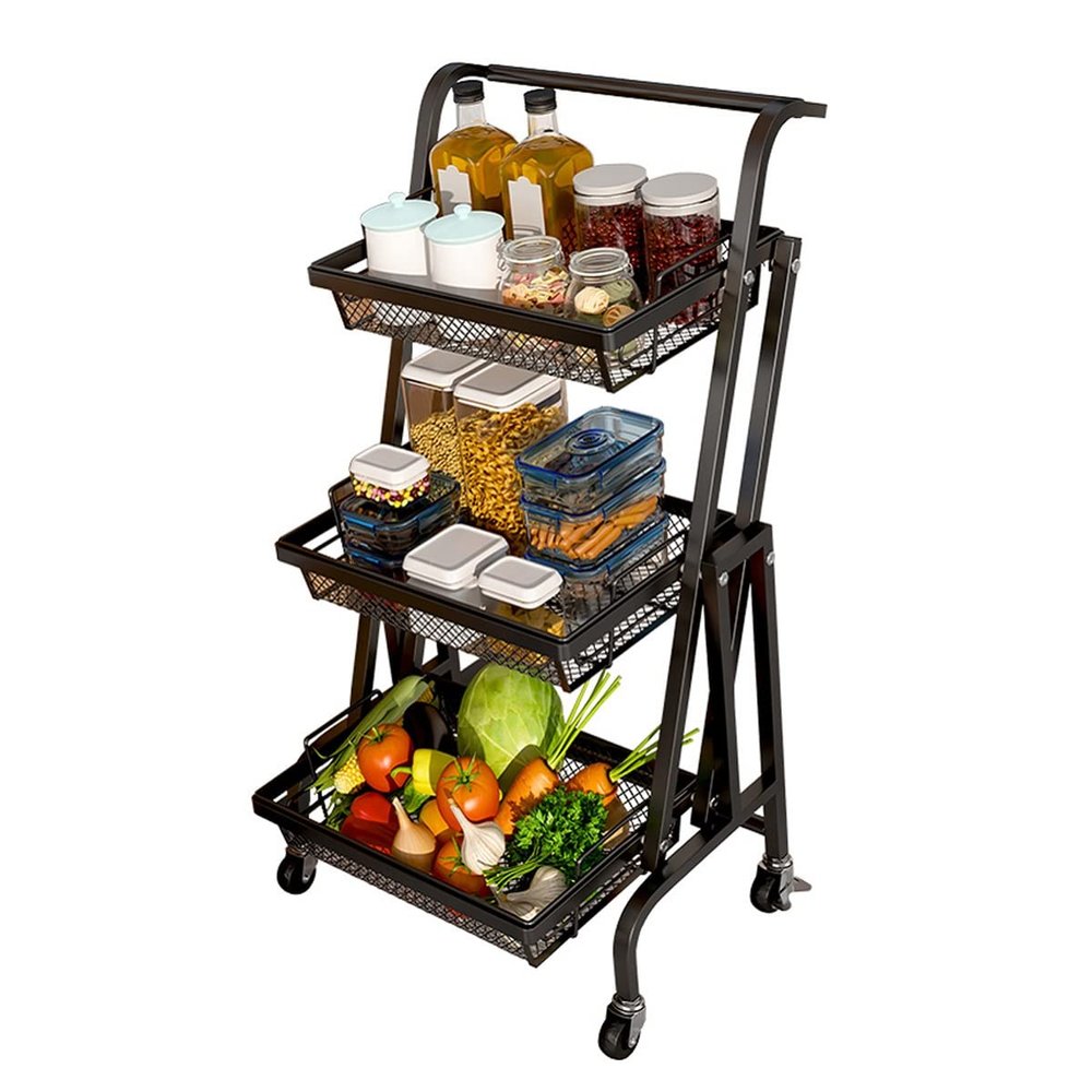 KOMFGT Kitchen Cart with Detachable Basket,Folding Storage Shelves with Handles,Slide Out Utility Cart with Lock Wheels, for Kitchen,Bathroom(Black)
