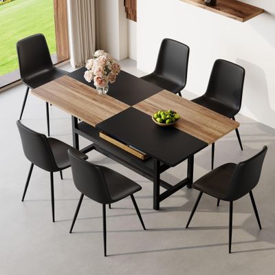 71" Dining Table Set for 6 with Storage Shelf, Modern Rectangular Kitchen Table with 6 PU Leather Chairs, Brown & Black Top with Black Metal Legs for Kitchen, Dining Room, or Office