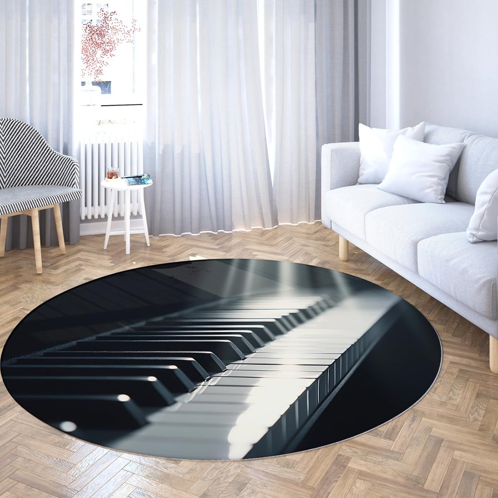 Contemporary Round Area Rug 4ft Black and White Piano Keys Print Non-Slip Low Pile Non Shedding Circle Carpet for Bedroom Outdoor Deck Patio
