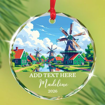 2026 Zaanse Schans Glass Ornament Xmas Tree, Personalized Windmill Netherland Ornaments, Zaanse Schans Scenic View Keepsake Decor, Custom Text & Name Netherland Travel Trip Glass Ornament Christmas