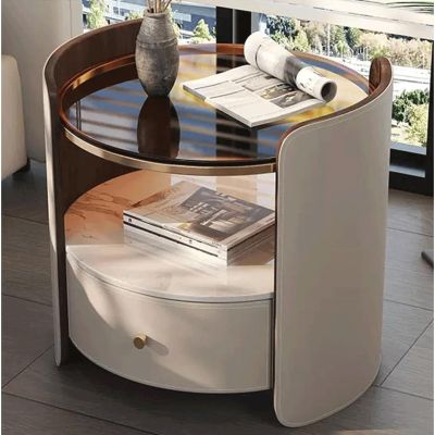 2-Tier Round Nightstand Creative Bedside Table with Tempered Glass Top End Side Table with Drawer and Shelf Night Stand(Light Grey)