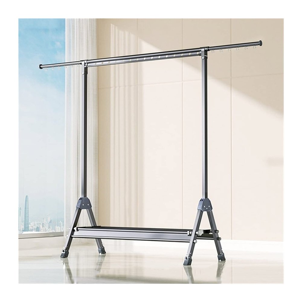 Adjustable Laundry Drying Rack with Hidden Wheels, Double Layer Clothes Rack & Bedroom Coat Rack with Shoe Storage, Retractable 116-200cm, Black