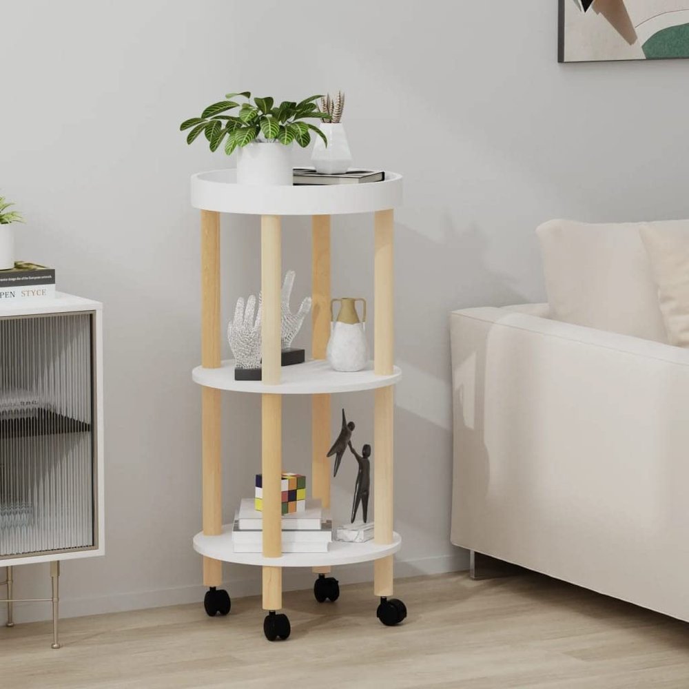 UUGRANDTO 3-Tier Trolley White 15"x15"x32.3" Engineered Wood&Solid Wood Pine Kitchen Dining Trolleys