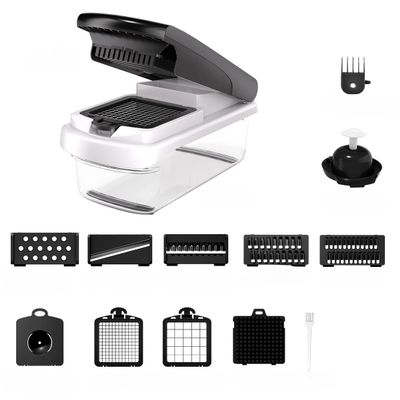 15-in-1 Vegetable Slicer and Chopper Set, Kitchen Food Cutter with 7 Stainless Steel Blades, Black and Green (Black Lid + White 14 Pieces)