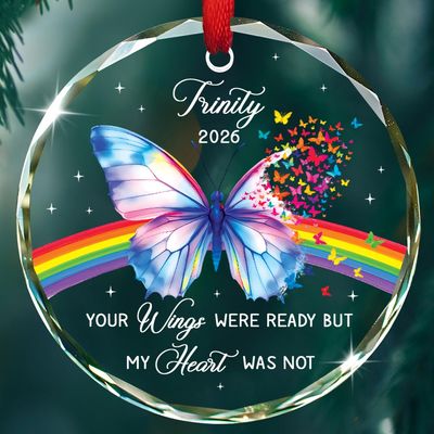 Your Wings were Ready But My Heart was Not Christmas Glass Ornament, Personalized Butterfly Memorial Xmas Ornament 2026 for Loss of Mom Grandma, Custom Name & Year Remembrance Ornaments Xmas Tree