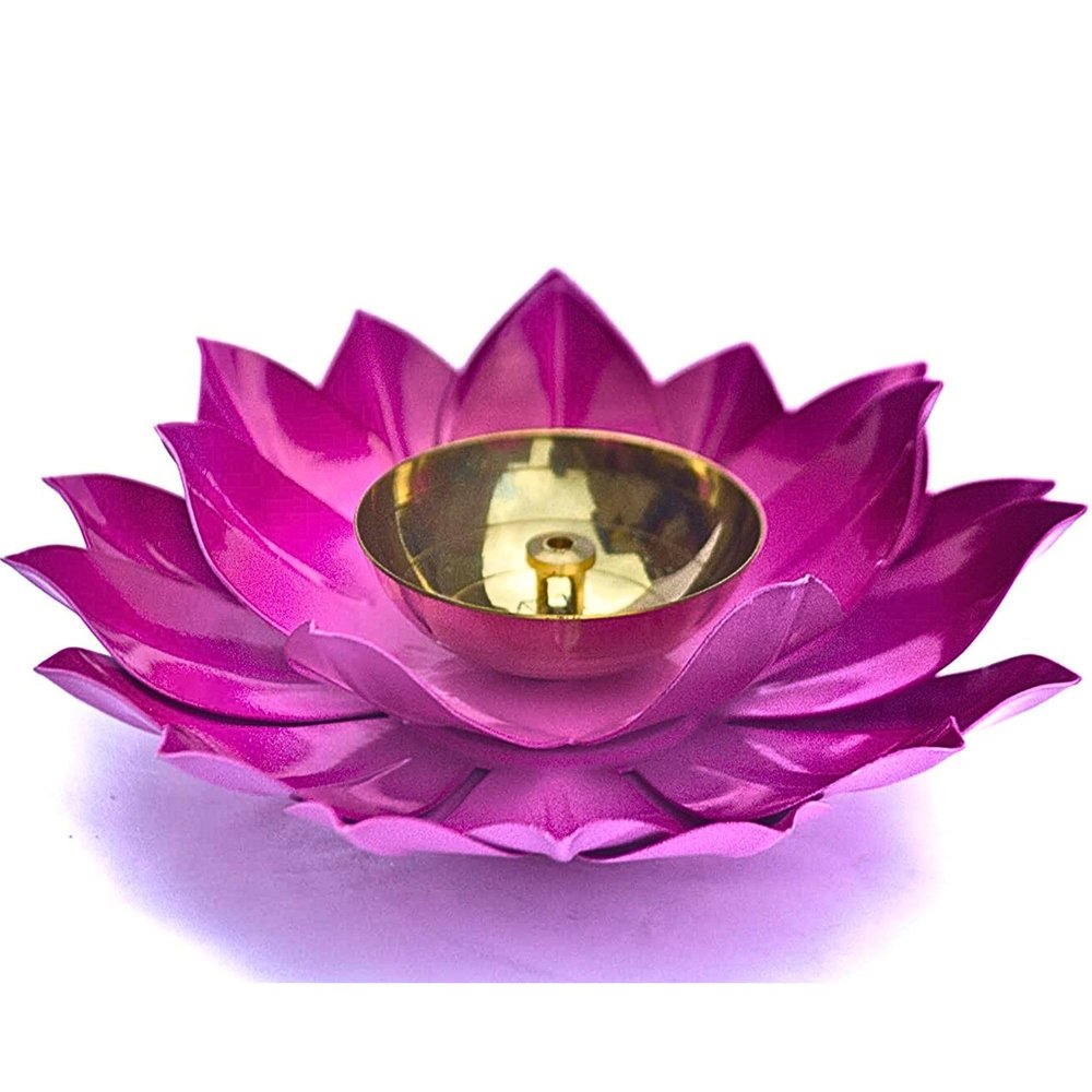 Handcrafted Brass Lotus Diya with Purple Metal Petals | Traditional Indian Pooja Oil Lamp for Mandir, Aarti & Festive Rituals | Elegant Deepak for Diwali, Navratri, and Home Temple Dcor | Set of 1