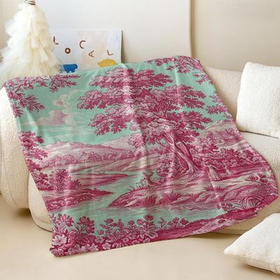 French Toile Printed Flannel Blanket, Classic Country Style Cozy Throw Blanket for Home Decor and Versatile Use (03,70 x 80in)