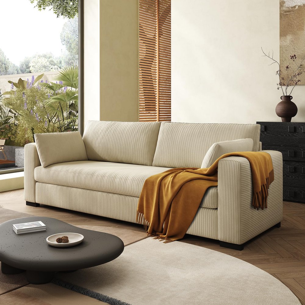 79"Corduroy Couch for Living Room, 3 Seater Couch,21" Extra Deep Seats, Mid Century Modern Oversized Love Seat for Bedroom, Office, Apartment and Small,Solid and Easy to Install (Cream, 79 inch)
