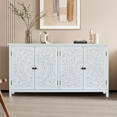 UWAMCIG Vintage White Floral Carved Sideboard Cabinet, 60 x 32 x 15 inches, 4-Door Solid Wood Storage Buffet with Shelves, Accent Cabinet for Living Room, Entryway and Dinning Room
