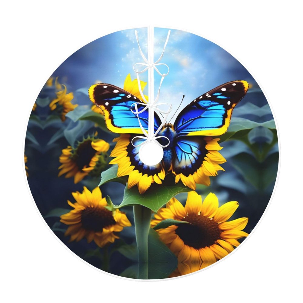 30" Christmas Tree Skirt for Holiday Home Decor, Sunflower Blue Butterfly Print Xmas Base Cover Holiday Tree Mat