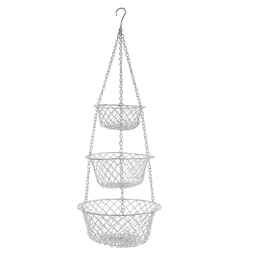 CONGARTENO Heavy Duty Wire Hanging Basket for Kitchen Wall European Style Fruit and Vegetable Storage Organizer with Hooks Silver Decorative Hanging Basket for Fruits Vegetables Cans and