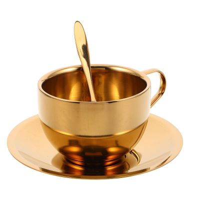 1Set Stainless Steel Coffee Cup Set - Insulated Coffee Mug Double Walled Mugs Milk Tea with Spoon and Saucer 200ml