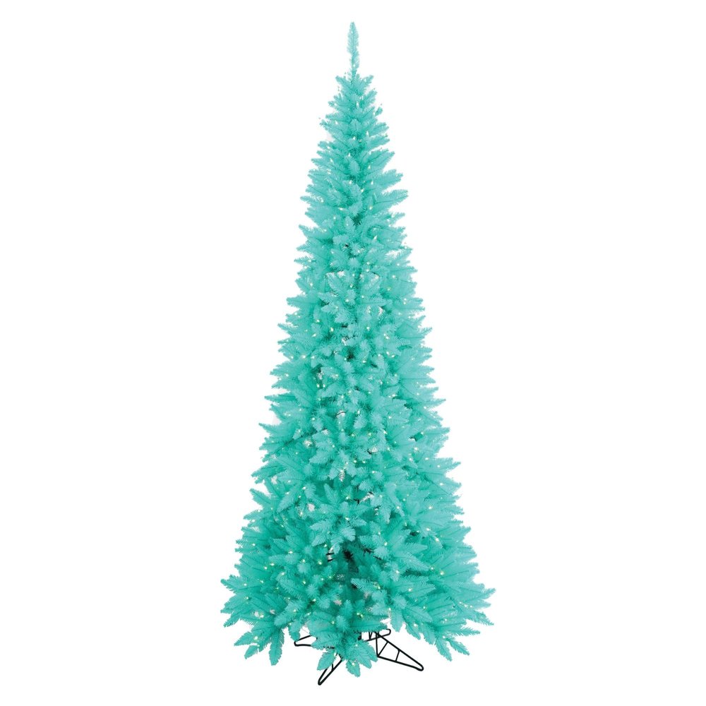 Pemberly Row 108" Slim Fir Artificial Christmas Tree, Aqua Blue PVC Tips, Prelit with 700 Aqua LED Lights, Hinged Branches, Metal Stand, 9 ft Tall Festive Holiday Decor