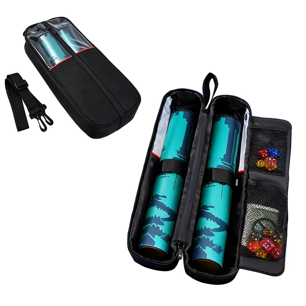 Qixotrz Playmat Tube Case for 2 Pcs 14x24 Playmats, Gaming Playmat Carrier with Dice & Card Pockets, Portable TCG MTG YuGiOh Playmat Tube with Handle & Detachable Shoulder Strap, Black