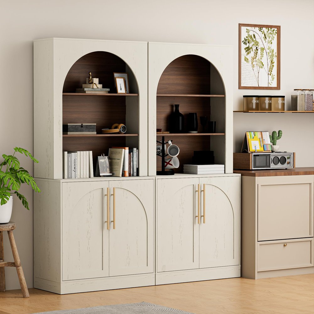 Anbuy Storage Cabinet, Sideboard Buffet Cabinet with Hutch, Kitchen Pantry Organizer Bar Cabinet with Shelves, Trophy Display Arched Cabinet for Living Room (Beige Arched, 2 Pieces)