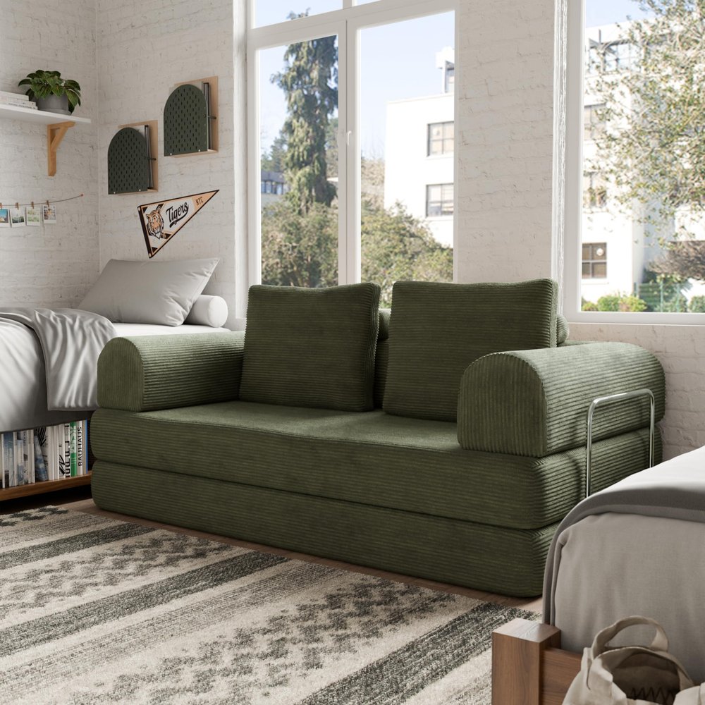 24/7 Shop at Home Fayor Modern 4-Seater Chenille Compressed Modular Sofa with Armrests, Flexible Seating, Free-Combined Floor Lounger, Convertible Boneless Couch for Living, Game Room, Olive Green