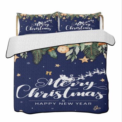 BketraquerC Twin XL Quilt Set, Happy New Year Merry Christmas Lightweight Soft Microfiber Summer Bedspread Coverlet with 2 Pillow Shams, Eucalyptus Leaves Blue 3 Piece Bedding Set for All Seasons