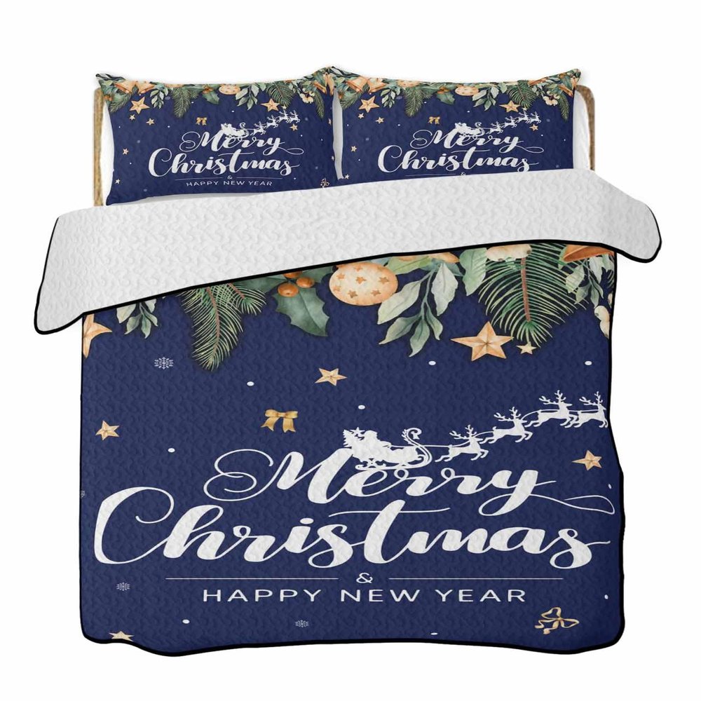 BketraquerC Twin XL Quilt Set, Happy New Year Merry Christmas Lightweight Soft Microfiber Summer Bedspread Coverlet with 2 Pillow Shams, Eucalyptus Leaves Blue 3 Piece Bedding Set for All Seasons