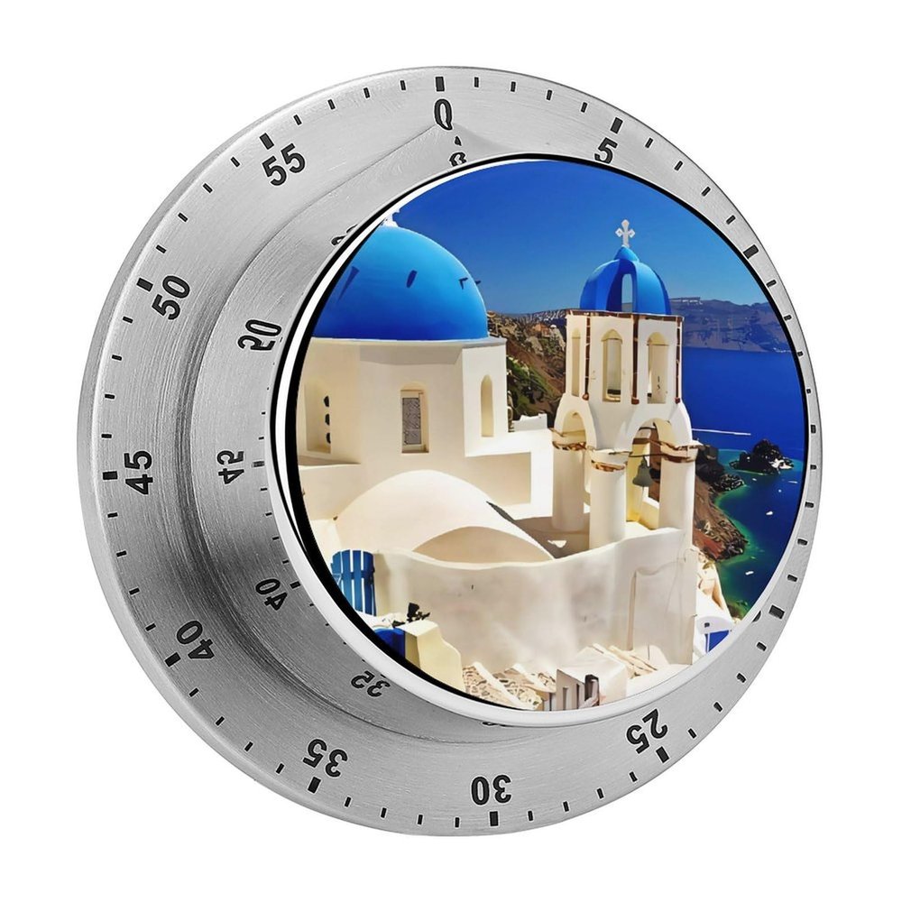 Santorini Greek Island Sea View Timer,Waterproof Loud Mechanical Timers No Ticking Metal Casing Magnetic Countdown Clock for Cooking Indoor Outdoor Sports
