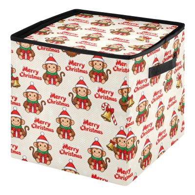 SyXIOP High Capacity Christmas ornament organizer Holds Up to 64, Adjustable Dividers, Zippered Top, Two Handles foldable large ornament storage box with Lid,Merry Christmas Brown Monkey