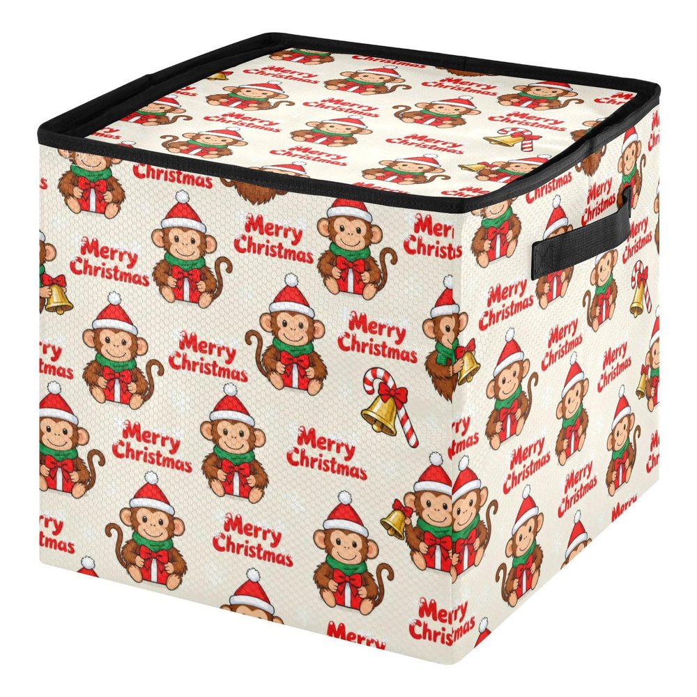 SyXIOP High Capacity Christmas ornament organizer Holds Up to 64, Adjustable Dividers, Zippered Top, Two Handles foldable large ornament storage box with Lid,Merry Christmas Brown Monkey