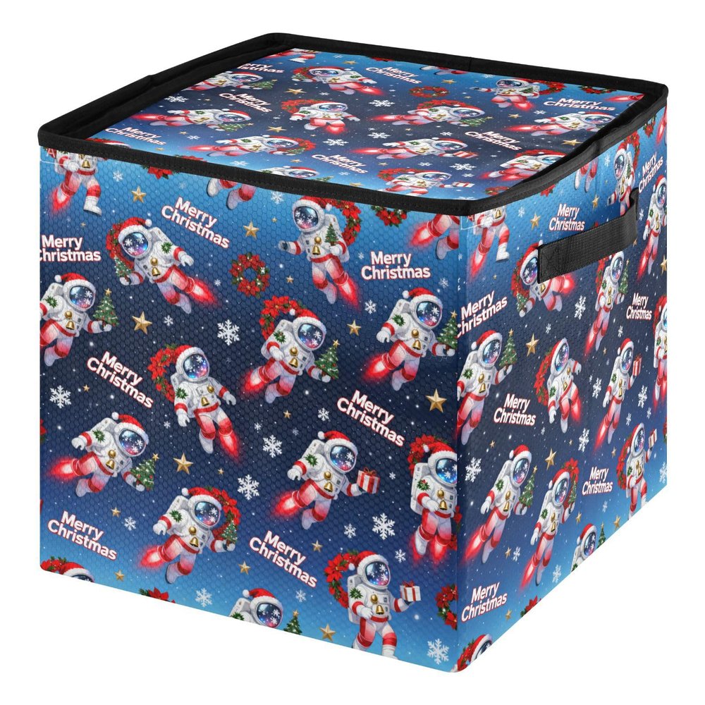 SyXIOP High Capacity Christmas ornament storage containers Holds Up to 64, Adjustable Dividers, Zippered Top, Two Handles foldable Decoration Organizer with Lid,Merry Christmas Red Astronaut