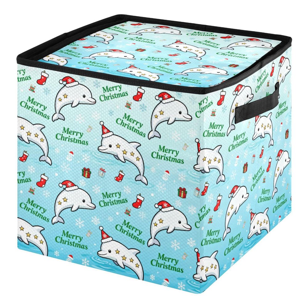 SyXIOP High Capacity Christmas large ornament storage Holds Up to 64, Adjustable Dividers, Zippered Top, Two Handles foldable large ornament storage box with Lid,Merry Christmas Cute Dolphin