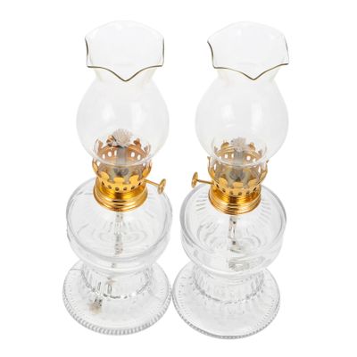 COOLHIYA 2pcs Vintage Clear Glass Kerosene Oil Lamps Retro Home Decor Lighting for Indoor Use Burn with Wick Chamber Design