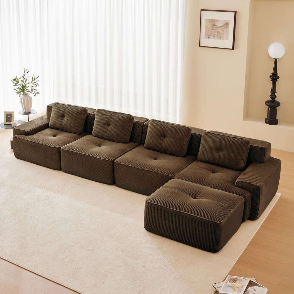 153" Modern Corduroy Cloud Sofa with Ottoman, L Shaped Boneless Modular Large Sectional Couches for Living Room, Brown 4 Seater Compressed Memory Foam Couch, Extra Deep Seat, No Assembly