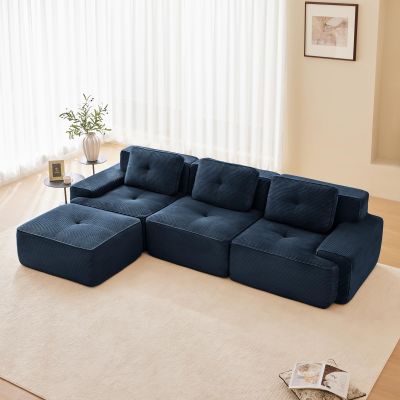 117" Modern Compressed Boneless Couch with Ottoman, 3 Seater Large L Shaped Sectional Couches for Living Room, Blue Corduroy Cloud Modular Sectional Sofa, Memory Foam, Extra Deep, No Assembly