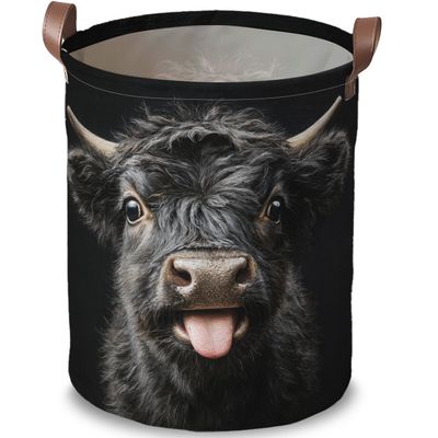 Funny Black Highland Cow Laundry Basket, Funky Laundry Basket for Farmhouse Decor, Collapsible Oxford Cloth Hamper for Clothes, Spring Room Organizer (15.75x15.75x19.7in)