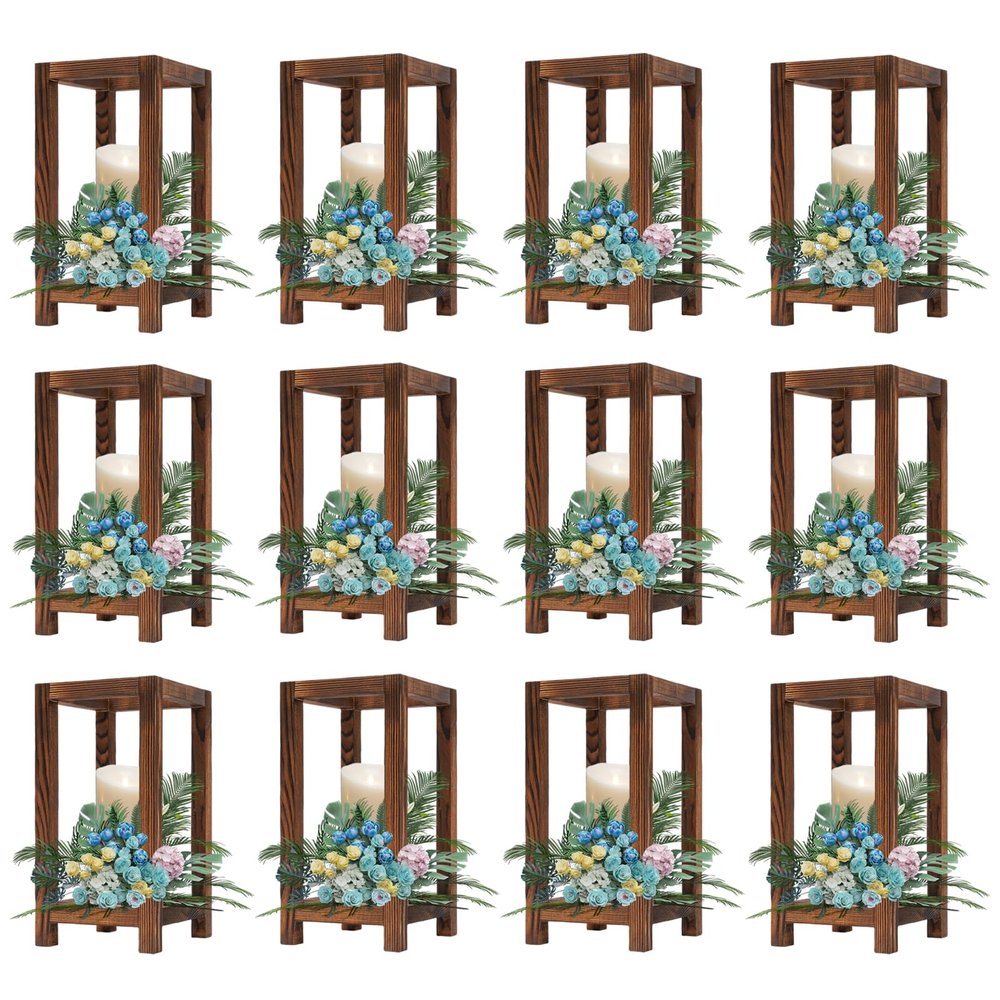 12 Pcs Wooden Wedding Lantern Centerpiece, Integrated Holders, Rustic Wooden Candle Lantern Decor, Farmhouse Candle Holders for Home Wedding Party Table Valentine Decoration