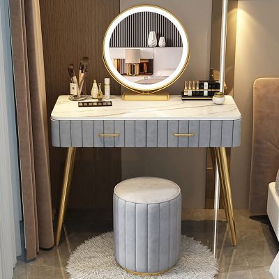 3 in 1 Dressing Table Makeup Table with Flip Top Mirror and Removable Storage Padded Seat Stool,Lighted Mirror Makeup Vanity Table Set with Cushioned Stool and Storage Gray Vanity Desk for B