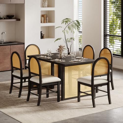 7-Piece Farmhouse Dining Table Set for 6, Wood Dining Table Sets with Distressed Oak Veneer and 6 Rattan Chairs, Rustic Style for Dining Room, Kitchen, Espresso