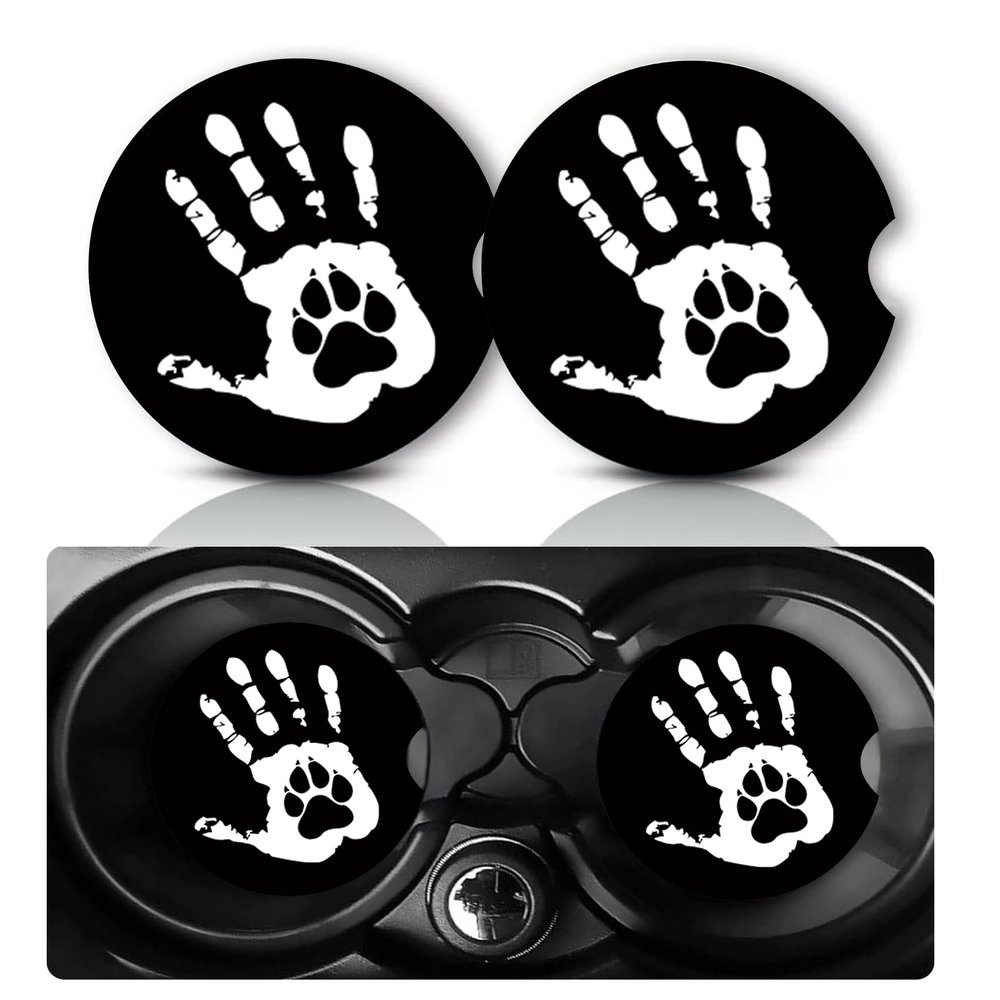 2Pack Handprints and Dog Paw Car Cup Holder Coaster,Handprints Gifts for Women Men,Vehicle Interior Drink Mat Reusable Neoprene Car Coasters for Cup Holders Decor,Dog Paws Automotive Accessories