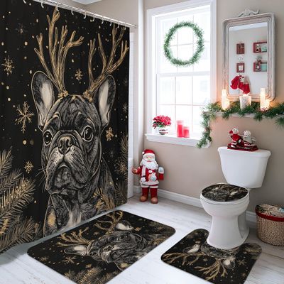 4PCS Christmas French Bulldog Dog Shower Curtain Sets with Non-Slip Rug, U Shape and Toilet Lid Cover Mat, Black Xmas Puppy Pet Bath Decor, Bathroom Accessory with Hooks