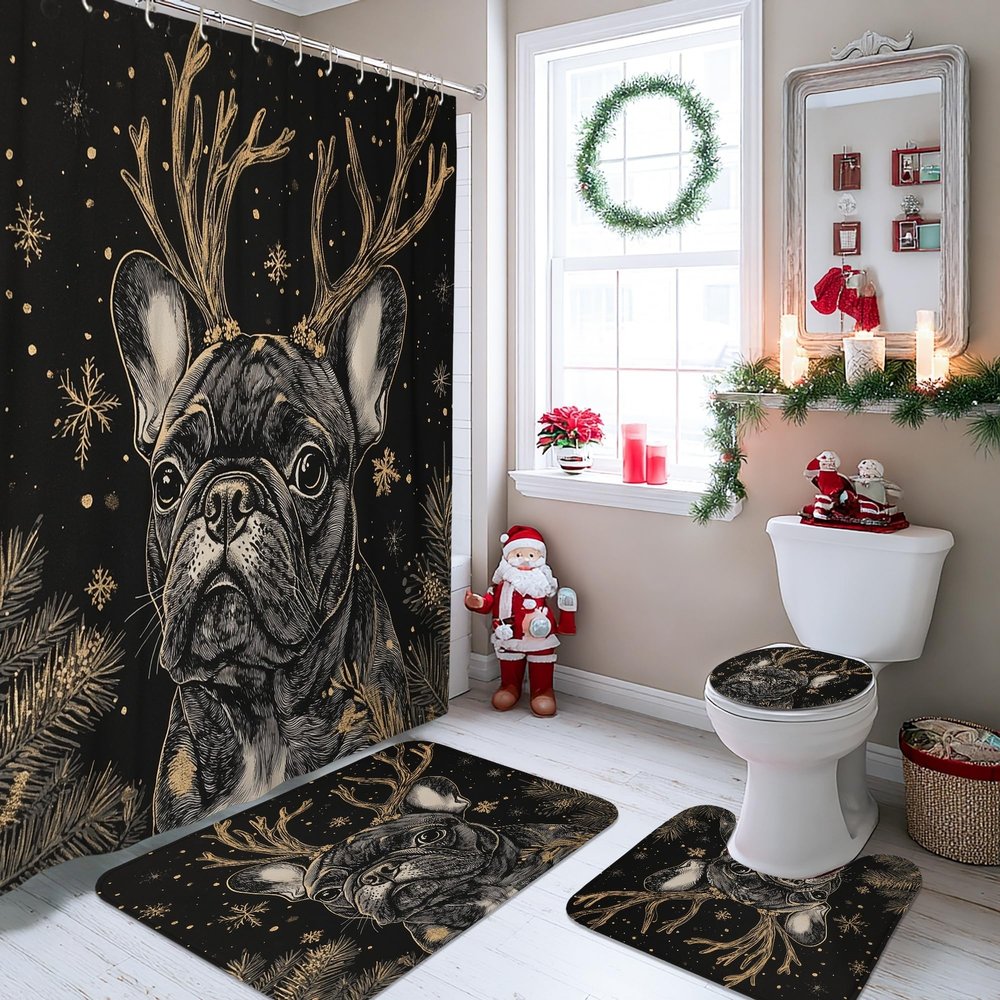 4PCS Christmas French Bulldog Dog Shower Curtain Sets with Non-Slip Rug, U Shape and Toilet Lid Cover Mat, Black Xmas Puppy Pet Bath Decor, Bathroom Accessory with Hooks