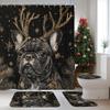 4PCS Christmas French Bulldog Dog Shower Curtain Sets with Non-Slip Rug, U Shape and Toilet Lid Cover Mat, Black Xmas Puppy Pet Bath Decor, Bathroom Accessory with Hooks view 2