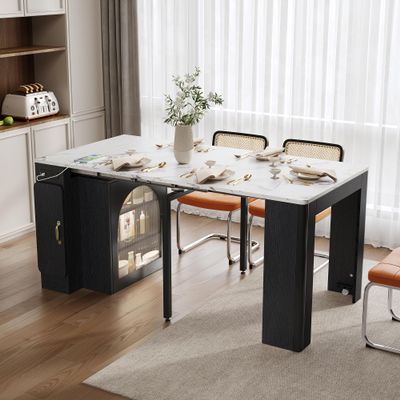 Merax 59" Rolling Kitchen Island with Extendable Table, Mobile Kitchen Islands with Storage Cabinet and Power Outlet, Modern Kitchen Island Cart on Wheels for Small Space Dining Living Room, Black