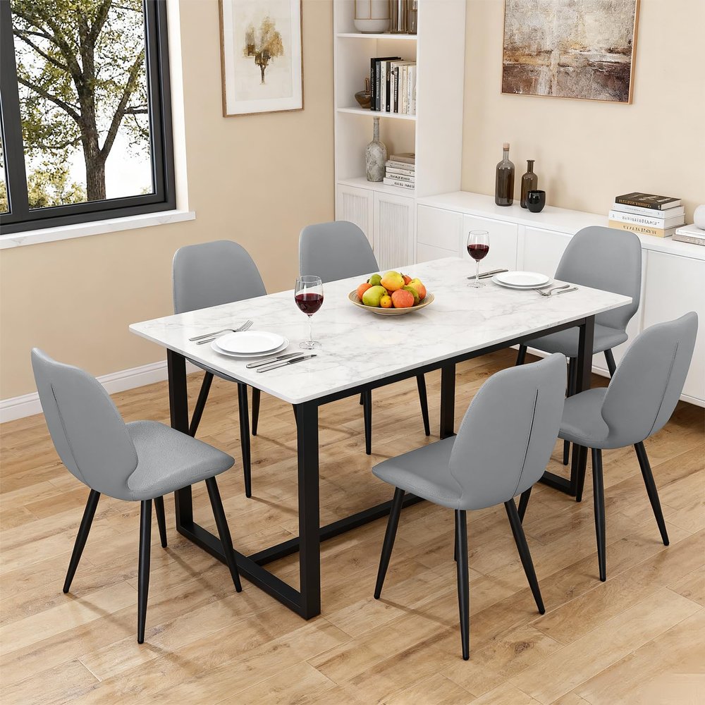 AmoUnico Dining Chairs Set of 6, Mid Century Modern Dining Chairs Armless Upholstered Kitchen Chairs Dining Room Chairs with Faux Leather Cushion Seat and Metal Legs for Living Room Lounge, Light Grey