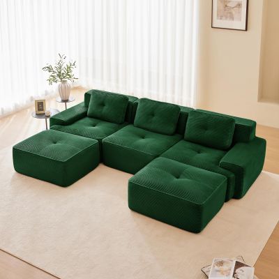 115" Modern Green Corduroy Boneless Sofa Set, 3 Seater Modular Sectional Couches for Living Room, Compressed Memory Foam Cloud Couch with 2 Ottoman, Deep Seat, No Assembly, Sofas para Sala, U Shaped